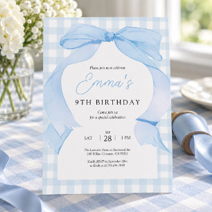 Blue Gingham Bow Birthday Invitation