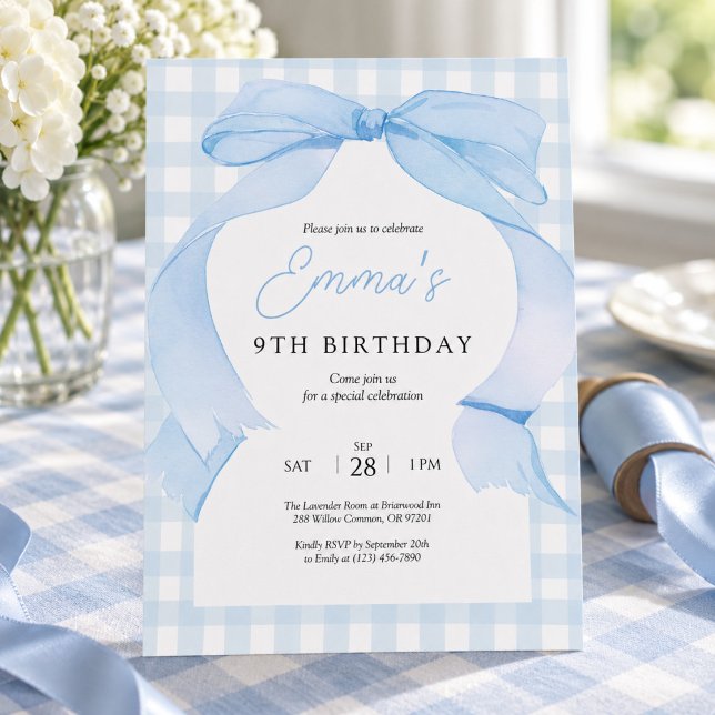 Blue Gingham Bow Birthday Invitation (Creator Uploaded)