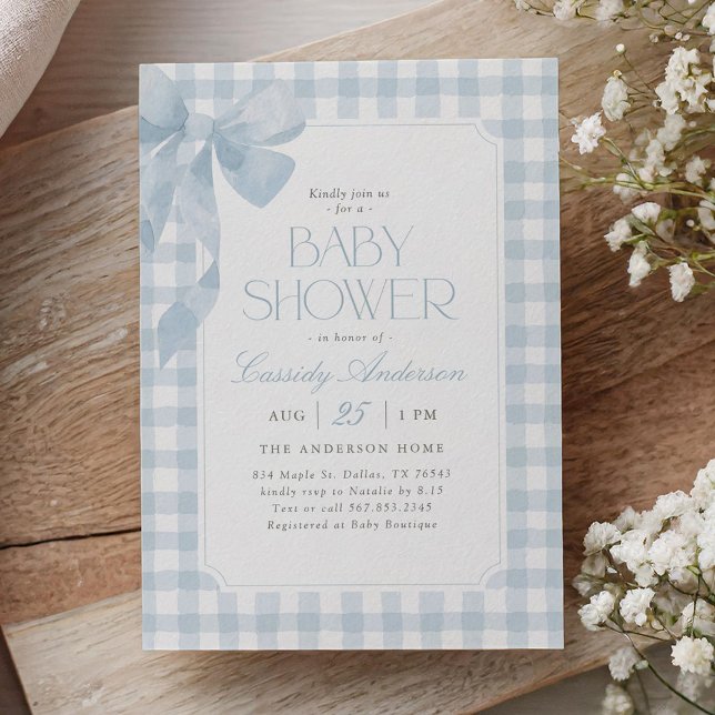 Blue Gingham Bow Boy Baby Shower Invitation (Creator Uploaded)
