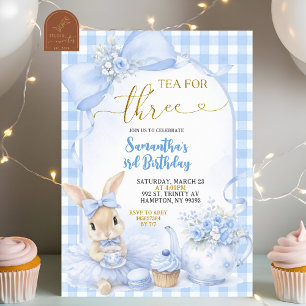 Blue Gingham Bow Bunny Tea Party Third Birthday Invitation