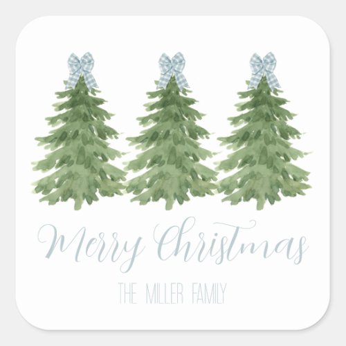 Blue Gingham Bow Christmas Tree Sticker Gift Tag