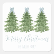 Blue Gingham Bow Christmas Tree Sticker Gift Tag