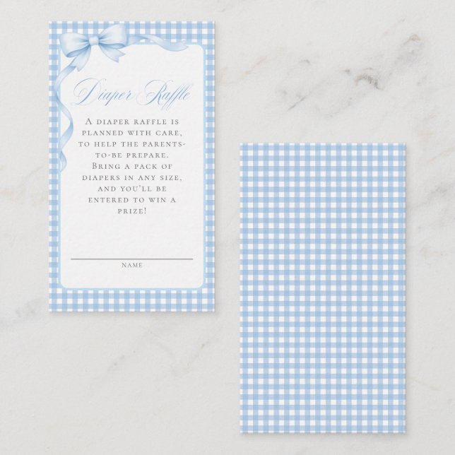Blue Gingham Bow Diaper Raffle Baby Shower Enclosure Card (Front/Back)