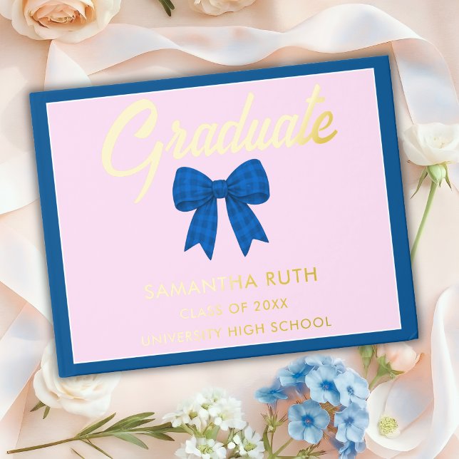 Blue Gingham Bow Graduation Party Foil Guest Book (Creator Uploaded)
