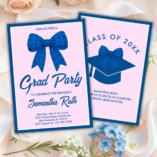 Blue Gingham Bow Graduation Party Invitation