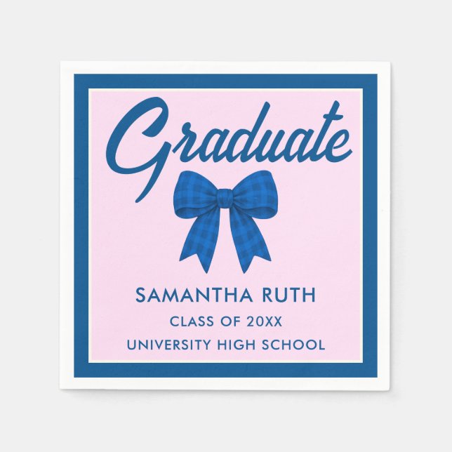 Blue Gingham Bow Graduation Party Napkins (Front)