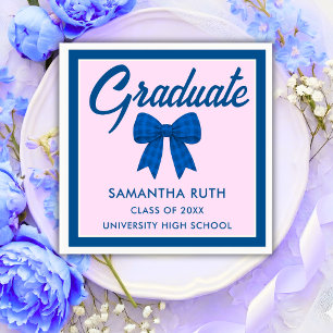 Blue Gingham Bow Graduation Party Napkins