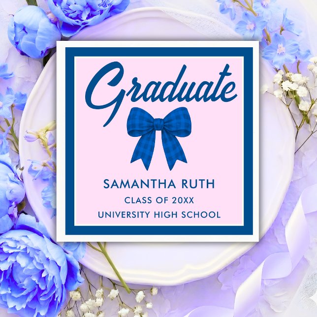 Blue Gingham Bow Graduation Party Napkins (Creator Uploaded)