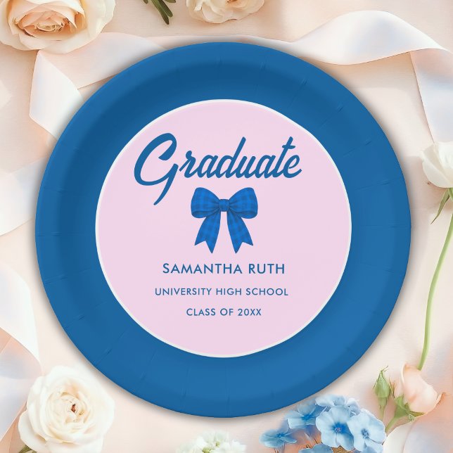 Blue Gingham Bow Graduation Party Paper Plates (Creator Uploaded)