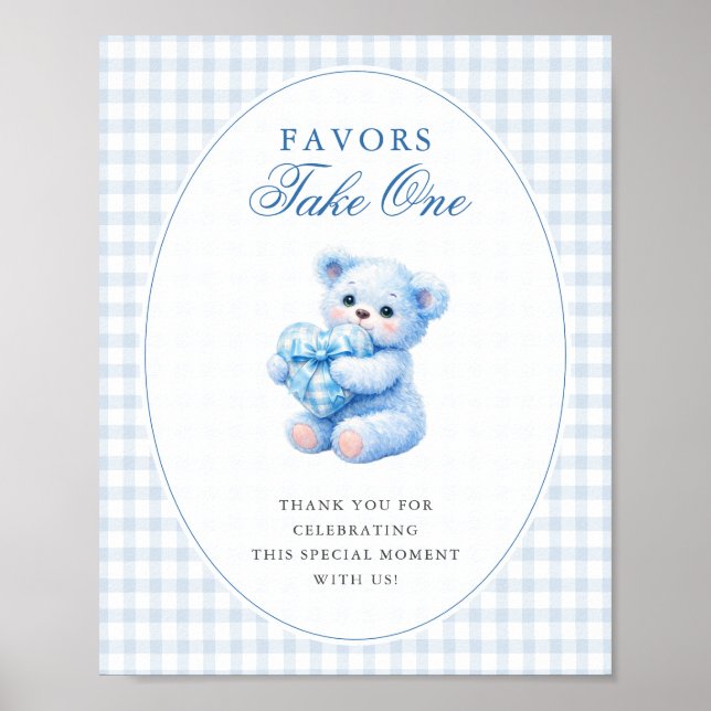 Blue Gingham Bow Heart Teddy Bear Baby Shower Poster (Front)