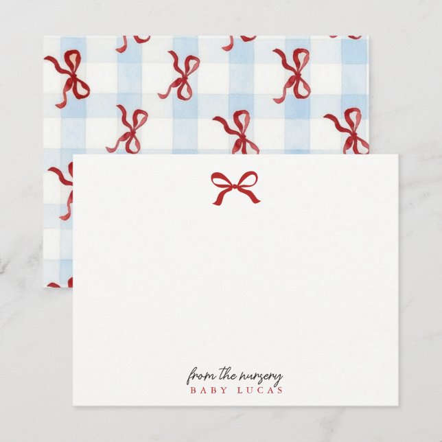 blue gingham bow Nursery Note Card (Front/Back)