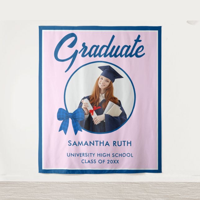 Blue Gingham Bow Photo Graduation Backdrop (Front)