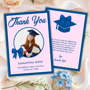 Blue Gingham Bow Photo Graduation Thank You Card