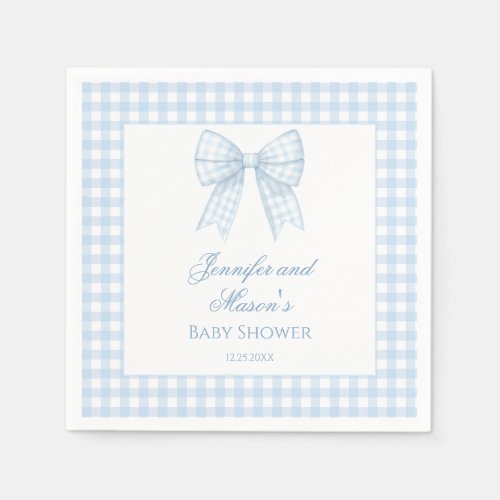 Blue gingham bow ribbon baby boy shower napkins
