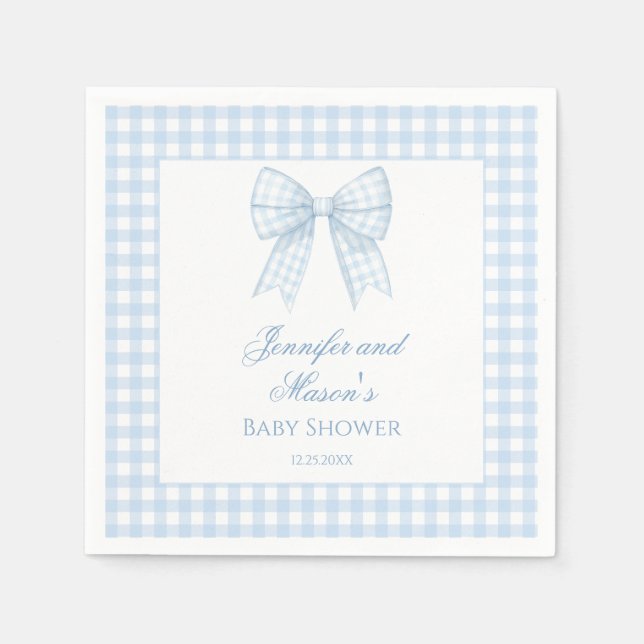 Blue gingham bow ribbon baby boy shower napkins (Front)