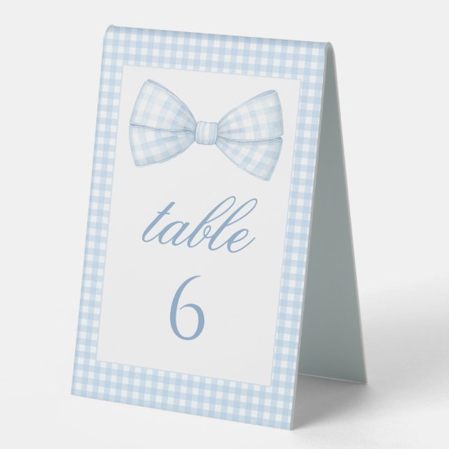 Blue Gingham Bow tie Baby boy shower table numbers Table Tent (Front)