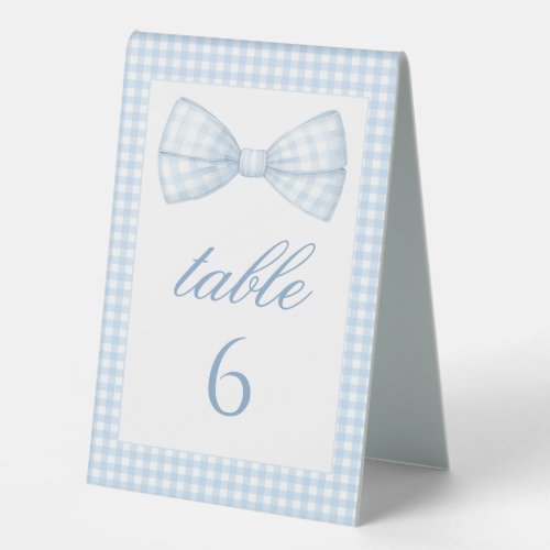 Blue Gingham Bow tie Baby boy shower table numbers Table Tent Sign