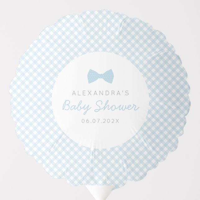 Blue gingham bow tie baby shower balloon (Front)