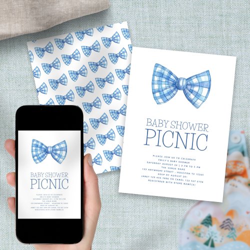 Blue Gingham Bow Tie Baby Shower Picnic Invitation