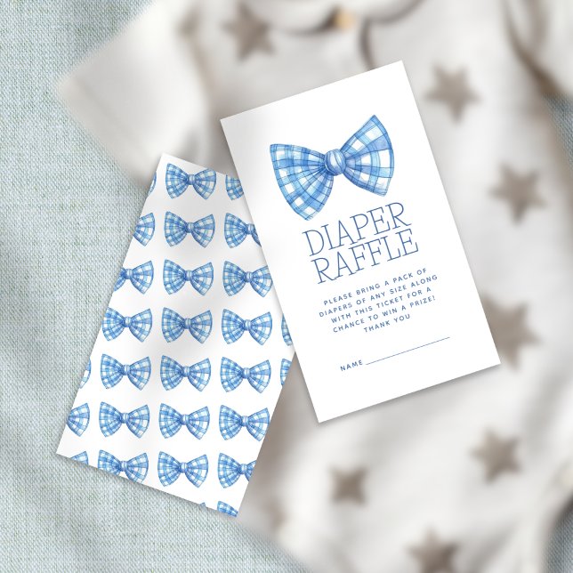 Blue Gingham Bow Tie Diaper Raffle Baby Shower Enclosure Card (Front and back view)