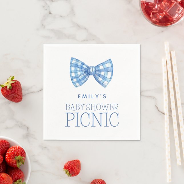 Blue Gingham Bow Tie Name Baby Shower Picnic Napkins (Insitu)