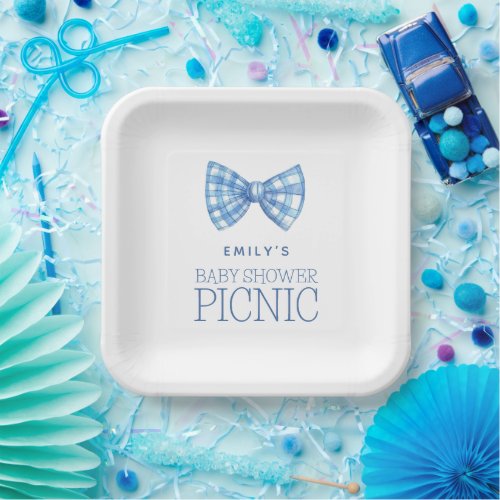 Blue Gingham Bow Tie Name Baby Shower Picnic Paper Plates