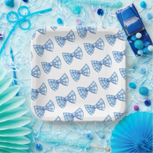 Blue Gingham Bow Tie Pattern Baby Shower Picnic Paper Plates