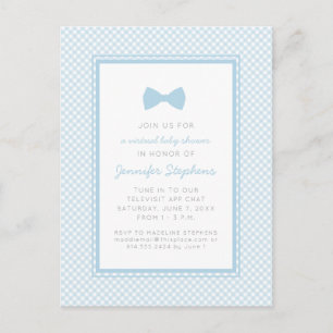 Blue gingham bow tie virtual baby shower postcard