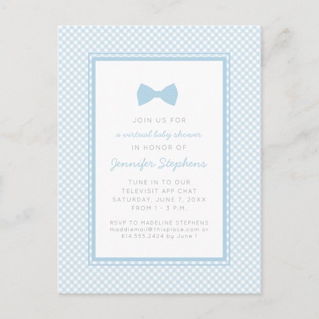 Blue gingham bow tie virtual baby shower postcard (Front)