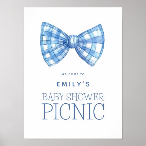 Blue Gingham Bow Tie Welcome Baby Shower Picnic Poster