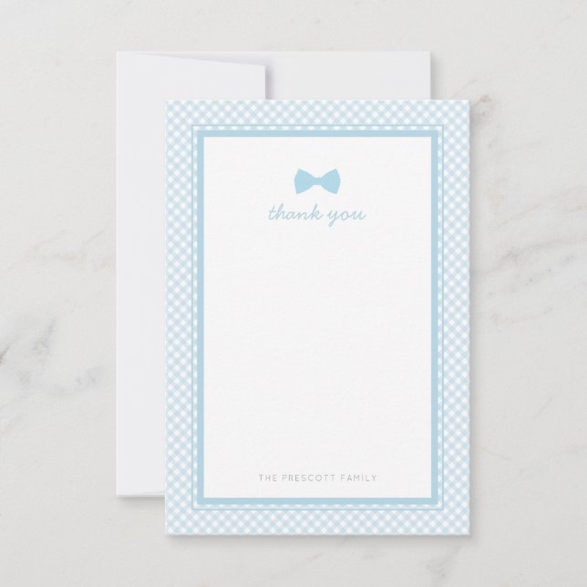 Blue gingham bowtie baby shower thank you note (Front)