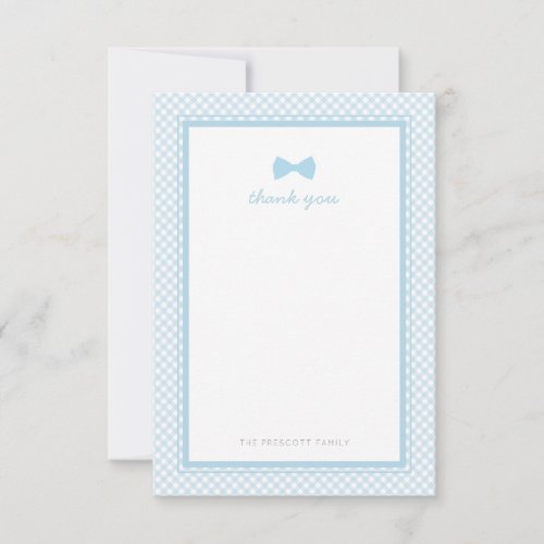 Blue gingham bowtie baby shower thank you note