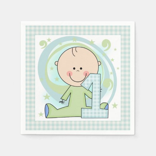 Blue Gingham Boy 1st Birthday Paper Napkins