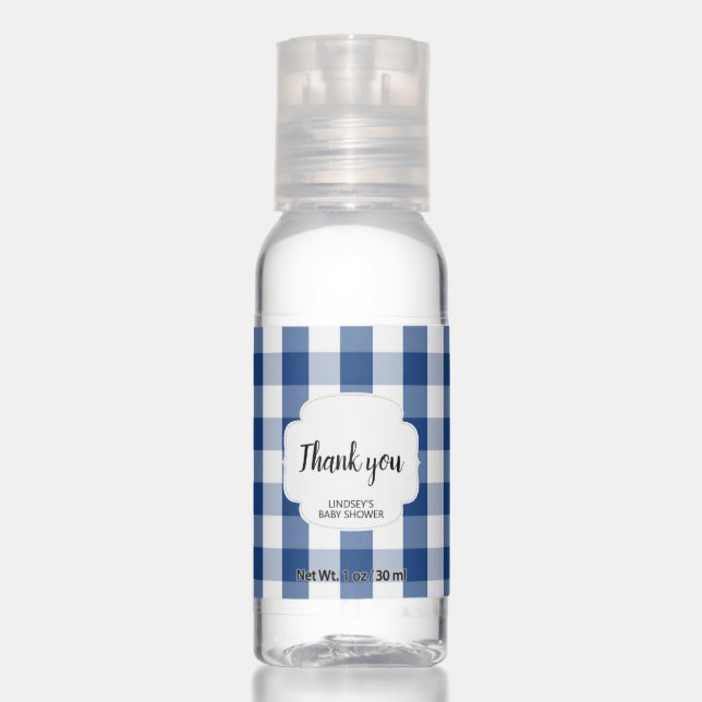 Blue Gingham boy baby shower favor Hand Sanitizer (Front)