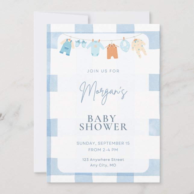 Blue Gingham Boy Baby Shower Invitation (Front)