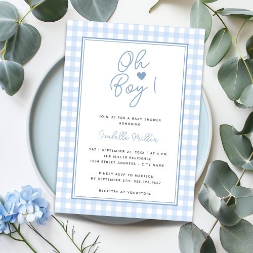 Blue Gingham Boy Baby Shower Invitation