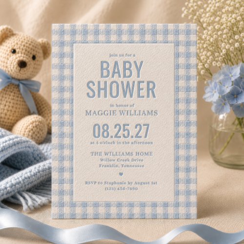 Blue Gingham Boy Baby Shower Letterpress Invitation