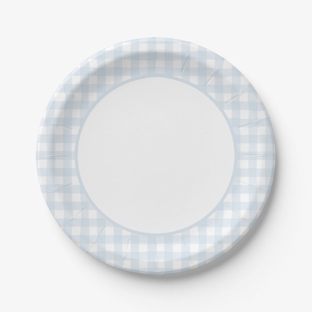 Blue Gingham Boy Baby Shower Paper Plates (Front)