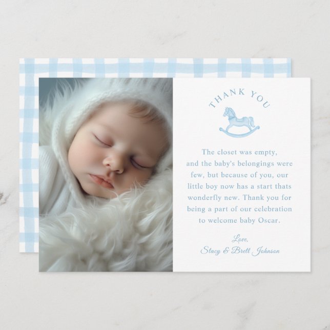 Blue Gingham Boy Baby Shower Photo Thank You Card (Front/Back)