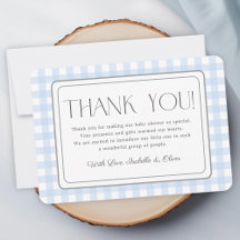 Blue Gingham Boy Baby Shower Thank You Card