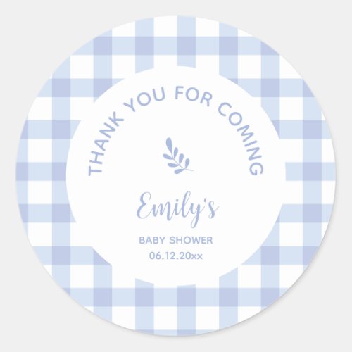 Blue Gingham Boy Baby Shower Thank You For Coming Classic Round Sticker