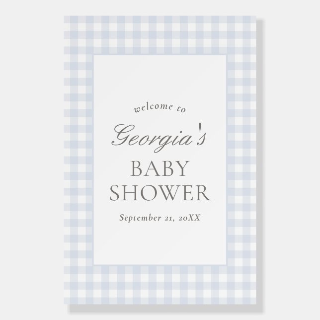 Blue Gingham Boy Baby Shower Welcome Sign (Front)