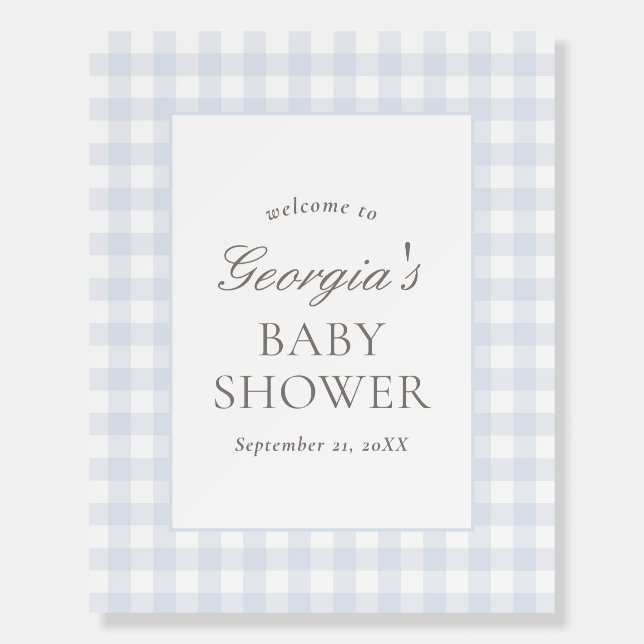 Blue Gingham Boy Baby Shower Welcome Sign (Front)