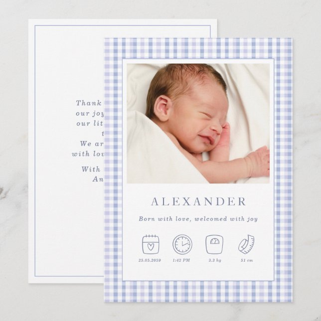 Blue Gingham  Boy Birth Announcement Photo Card (Front/Back)