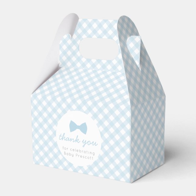 Blue gingham boy bow tie baby shower favor box (Front Side)