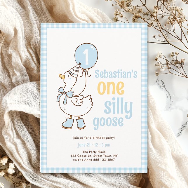 Blue Gingham Boy One Silly Goose 1st Birthday Invitation (The front  of the invitation  is shown in 5x7-inch size. Choose size, paper, and corner style.)