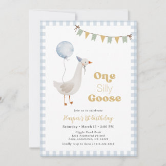 Blue Gingham Boy One Silly Goose Birthday Invitation