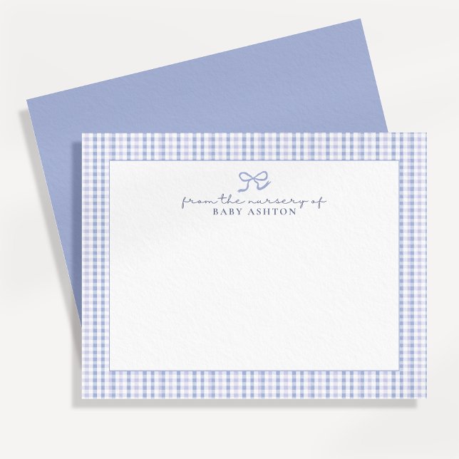 Blue Gingham  Boy Personalized Nursery Note Card (Creator Uploaded)