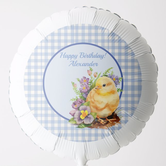 Blue Gingham Boys Birthday Party Balloon (Front)