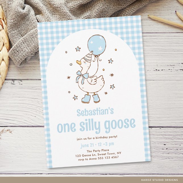 Blue Gingham Boys One Silly Goose 1st Birthday Invitation (The front of the invitation is shown in a 5x7-inch size. Choose size, paper, and corner sty)